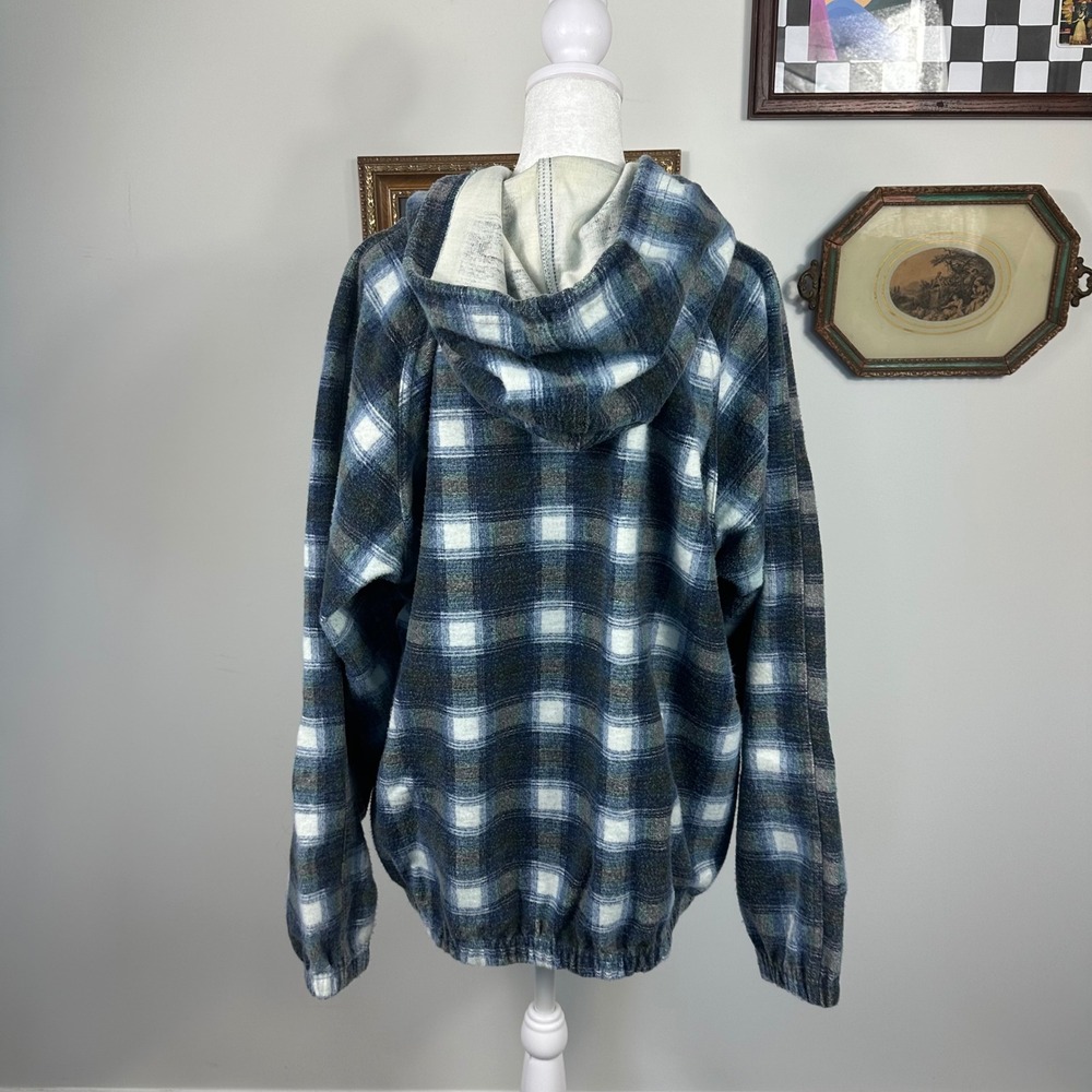 Vintage Blue Plaid Flannel Hoodie Sweatshirt - SIZE L Fall Winter - Picture 4 of 6